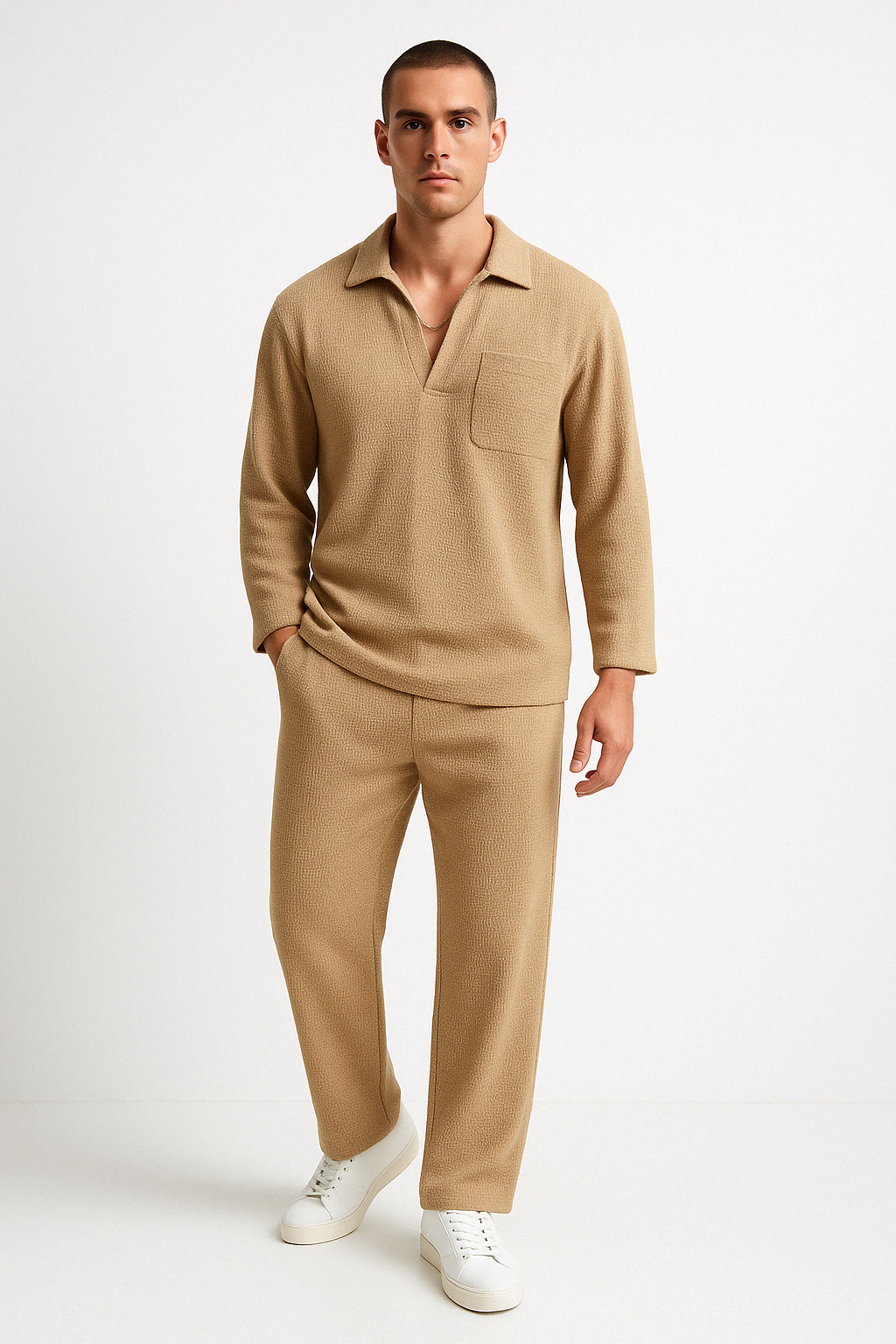 Herr Loungewear-set – Avslappnad Passform – Ribbad Mjuk Trikå – Krage & Hellång Arm