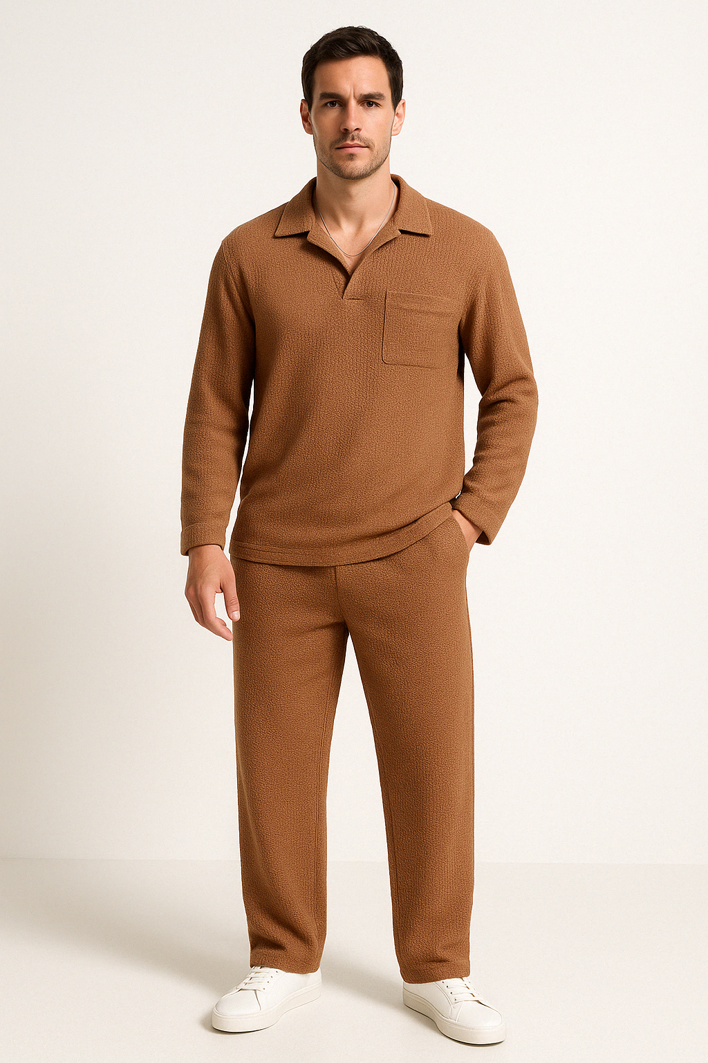Herr Loungewear-set – Avslappnad Passform – Ribbad Mjuk Trikå – Krage & Hellång Arm