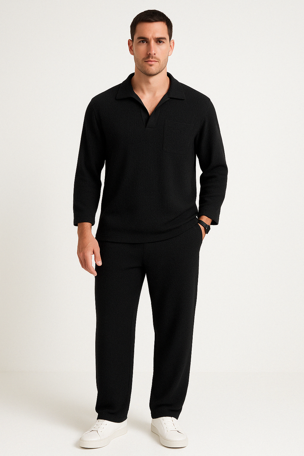 Herr Loungewear-set – Avslappnad Passform – Ribbad Mjuk Trikå – Krage & Hellång Arm