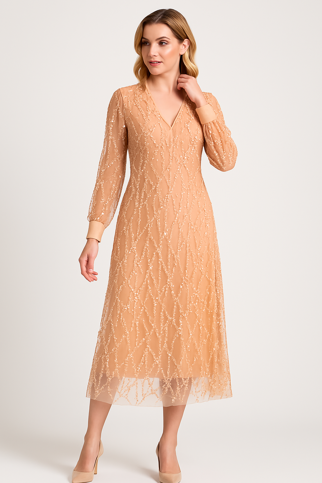 Klänning dam – Slim fit – Hellång – V-ringning – Paljettdetaljer – Transparenta ärmar