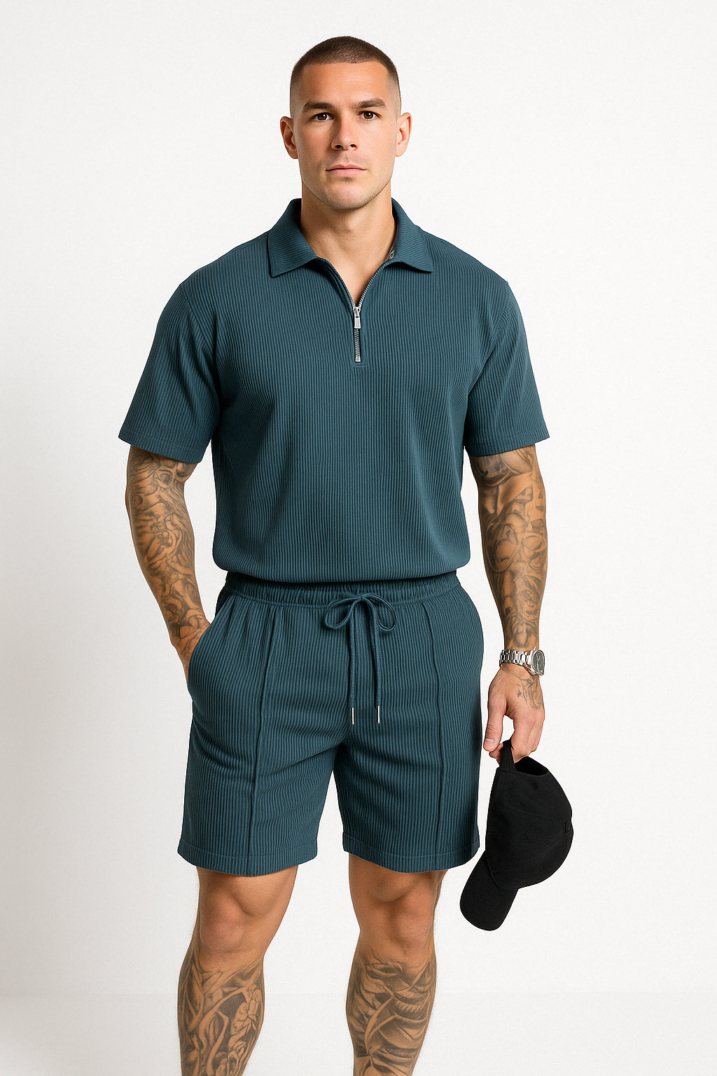 Herrset pikétröja och shorts – Avslappnad passform – Dragkedjekrage – Dragsko i midjan