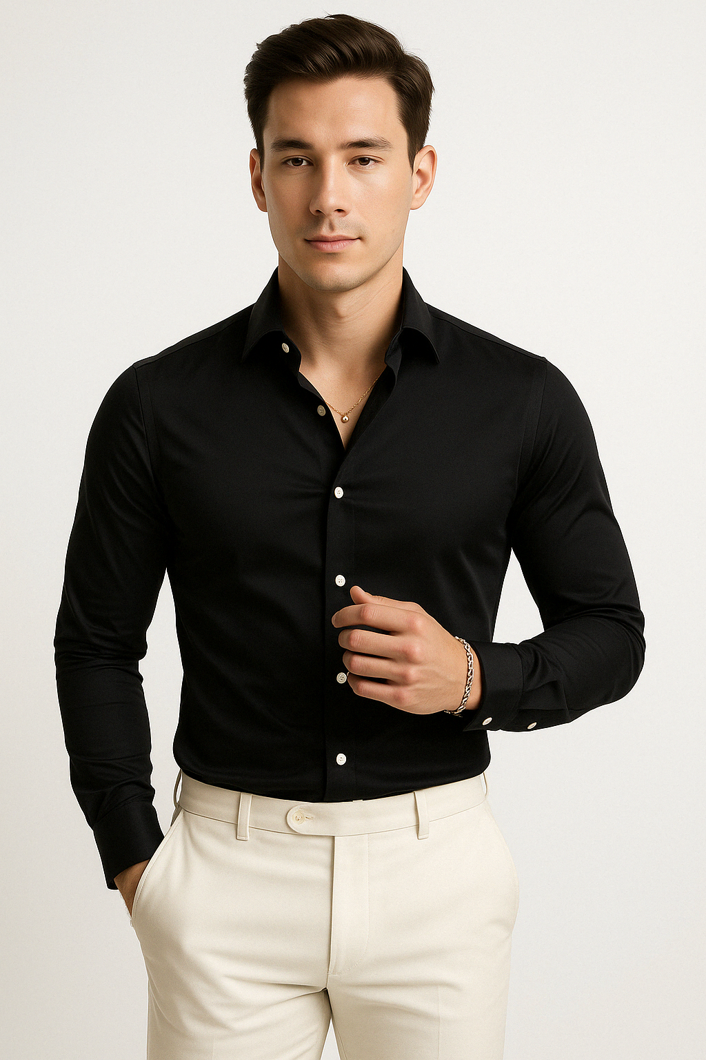 Herrskjorta – Slim Fit – 100% Bomull – Lång ärm – Formell knäppning