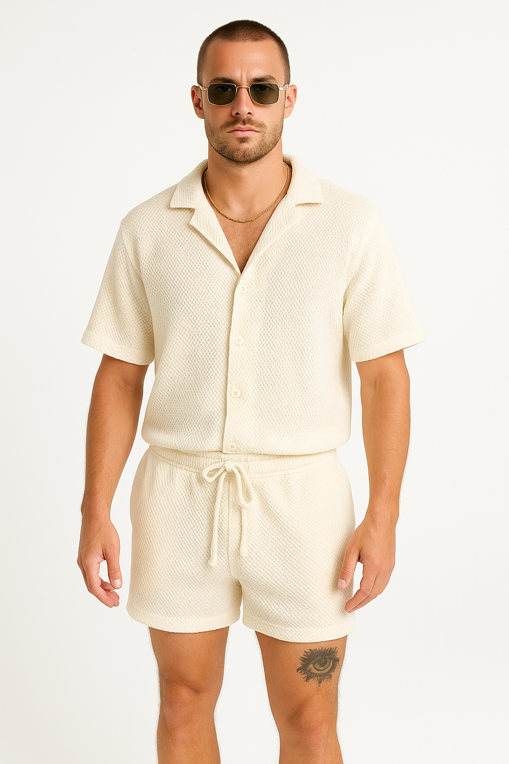 Herrarnas outfitset – Texturerad skjorta med knappar – Avslappnad passform – Dragskoshorts