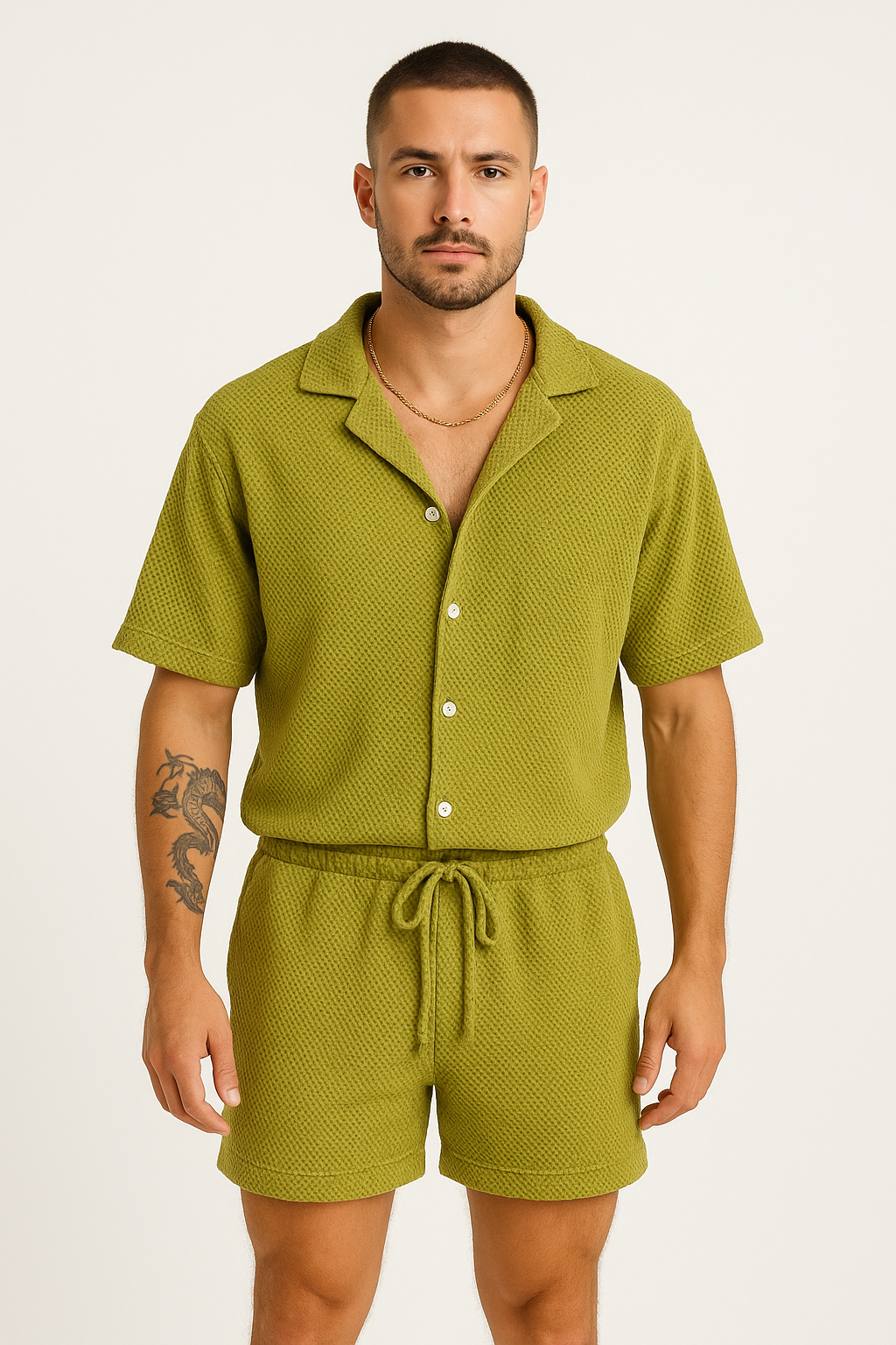 Herrarnas outfitset – Texturerad skjorta med knappar – Avslappnad passform – Dragskoshorts
