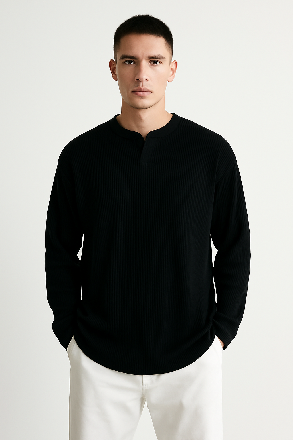 Herr långärmad T-shirt – Ribbstickad – Avslappnad passform – V-ringning – Andningsbar