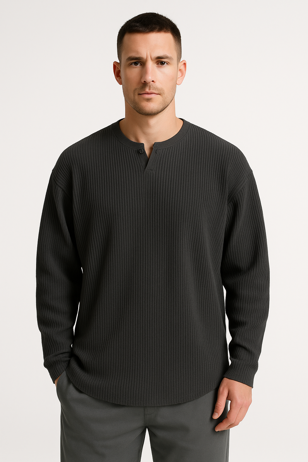 Herr långärmad T-shirt – Ribbstickad – Avslappnad passform – V-ringning – Andningsbar