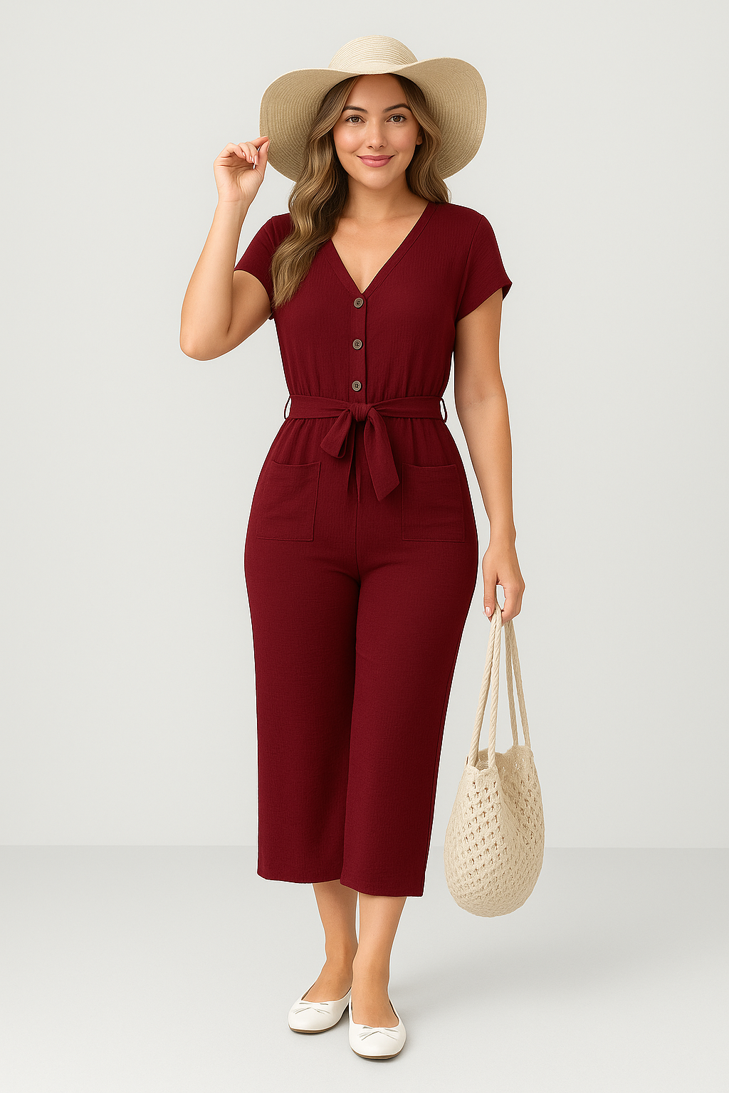 Dam jumpsuit – V-ringning – Kort ärm – Avslappnad passform – Bälte – Knäppning – Fickor