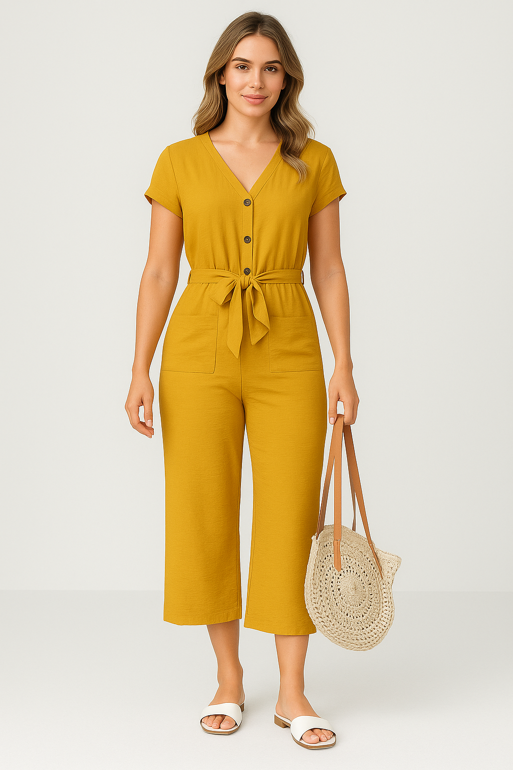 Dam jumpsuit – V-ringning – Kort ärm – Avslappnad passform – Bälte – Knäppning – Fickor