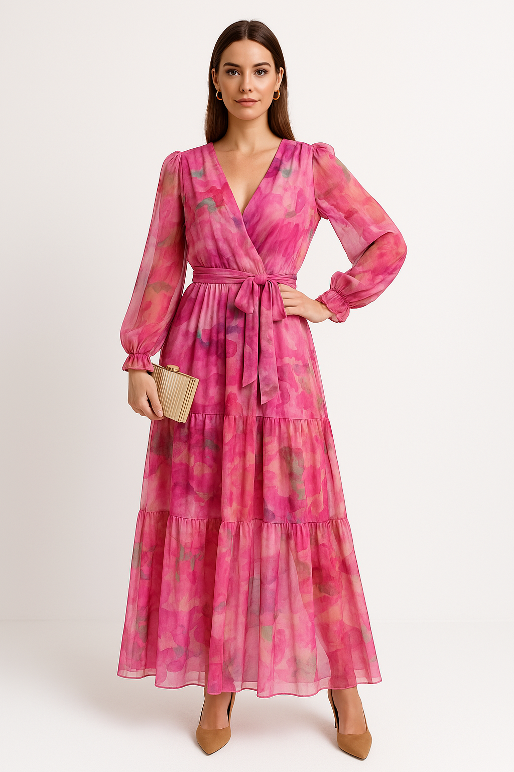 Damklänning – Maxilängd – V-ringning – Bälte i midjan – Lång ärm – Volangkjol