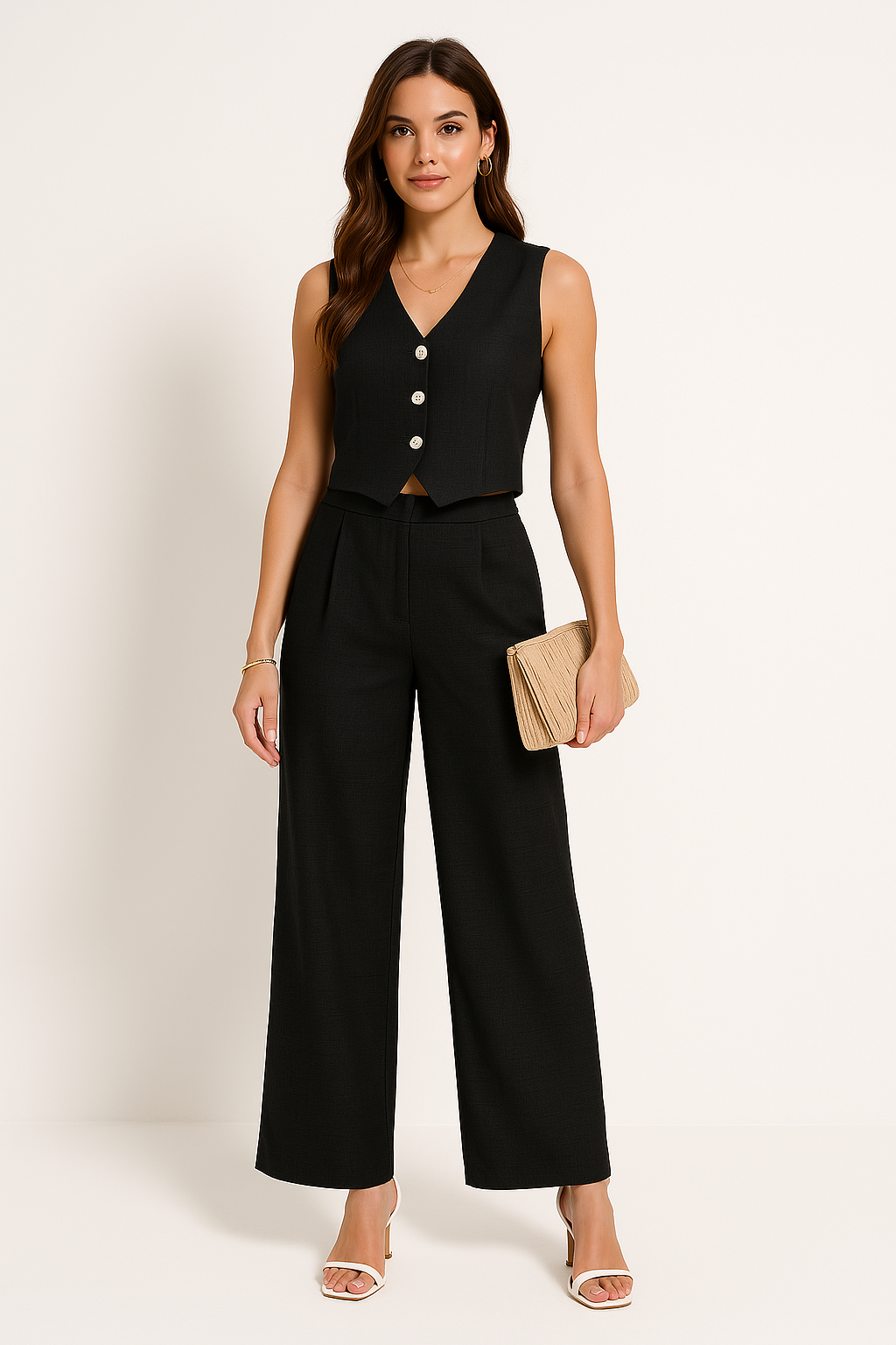 Damväst – Slim Fit – Skräddad Cropped Siluett – Djup V-ringning – Knappar Fram