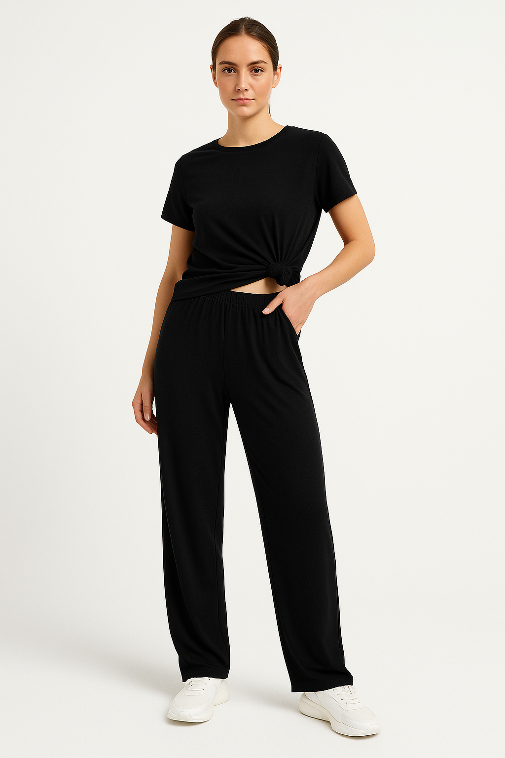 Dam Lounge Set – Kortärmad Topp – Croppad Passform – Vida Byxor – Mjuk Andningsbar Textil