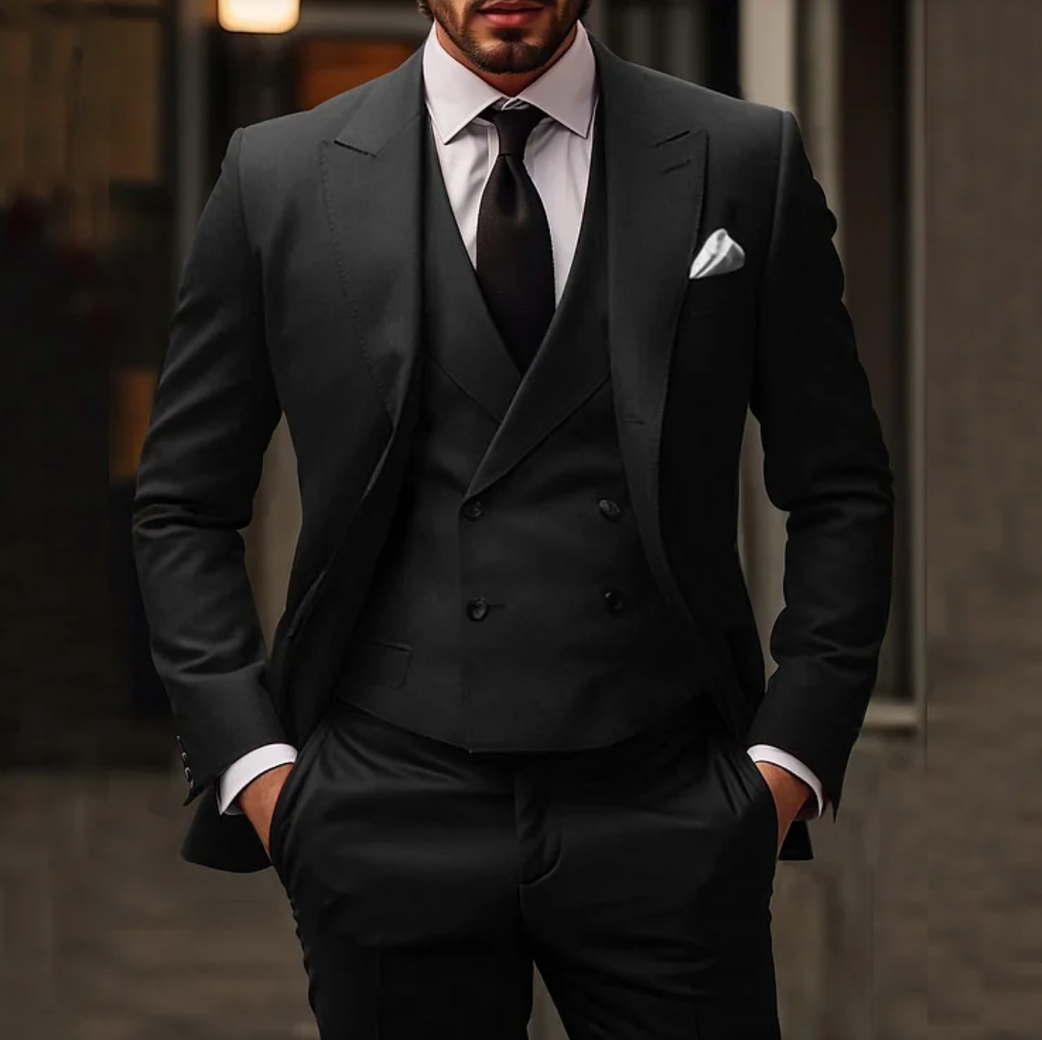 Herrkostym - Dubbelknäppt Kavaj med Väst - Slim Fit Byxor - Elegant Formell Look