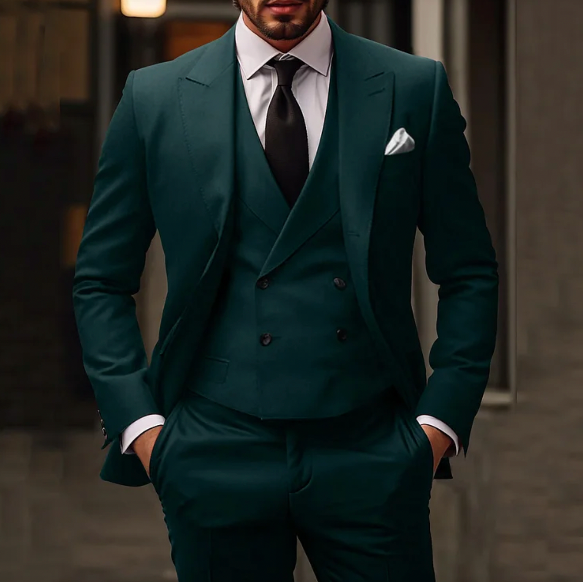 Herrkostym - Dubbelknäppt Kavaj med Väst - Slim Fit Byxor - Elegant Formell Look