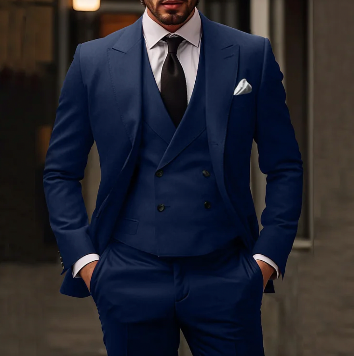 Herrkostym - Dubbelknäppt Kavaj med Väst - Slim Fit Byxor - Elegant Formell Look