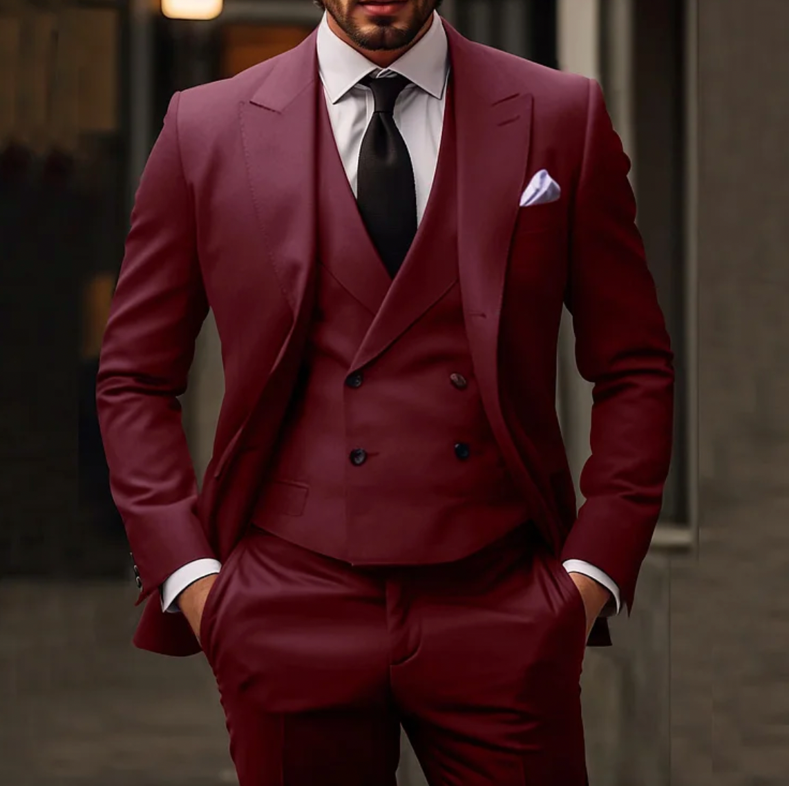 Herrkostym - Dubbelknäppt Kavaj med Väst - Slim Fit Byxor - Elegant Formell Look