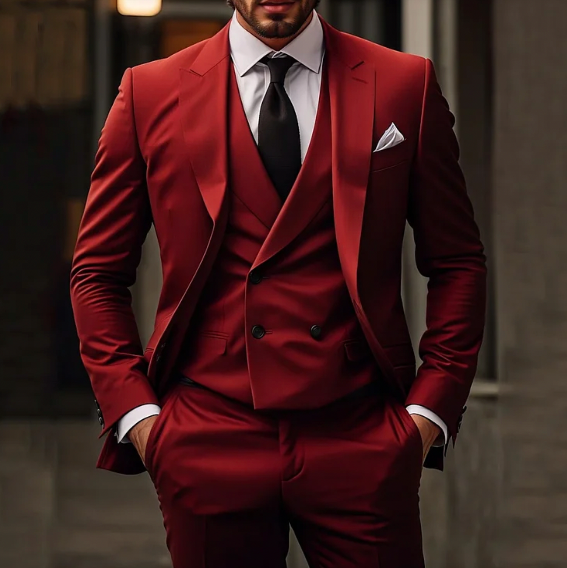 Herrkostym - Dubbelknäppt Kavaj med Väst - Slim Fit Byxor - Elegant Formell Look