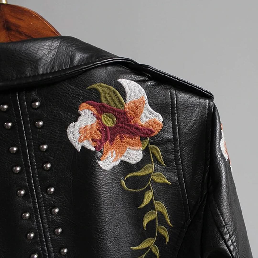 Dam Bikerjacka - Äkta Läder - Asymmetrisk Dragkedja - Broderade Detaljer