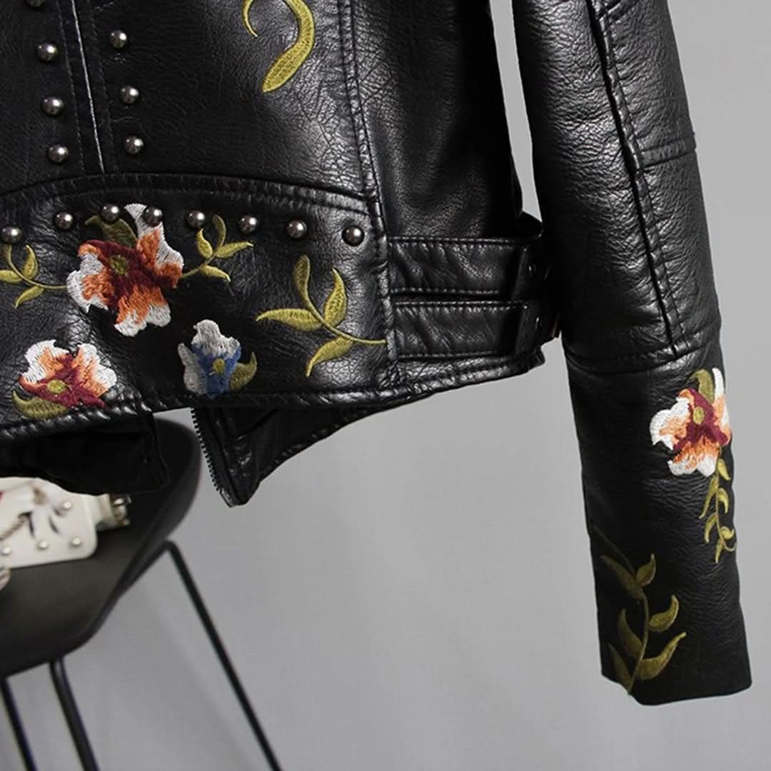Dam Bikerjacka - Äkta Läder - Asymmetrisk Dragkedja - Broderade Detaljer