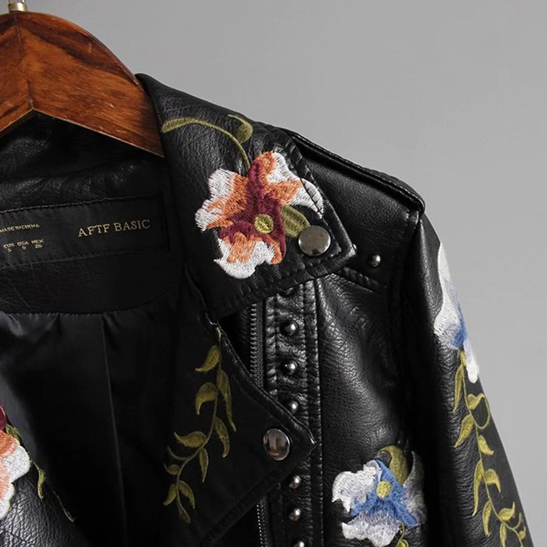Dam Bikerjacka - Äkta Läder - Asymmetrisk Dragkedja - Broderade Detaljer