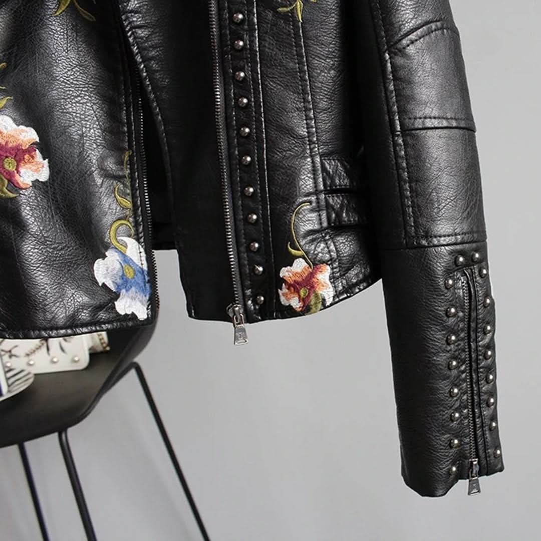 Dam Bikerjacka - Äkta Läder - Asymmetrisk Dragkedja - Broderade Detaljer