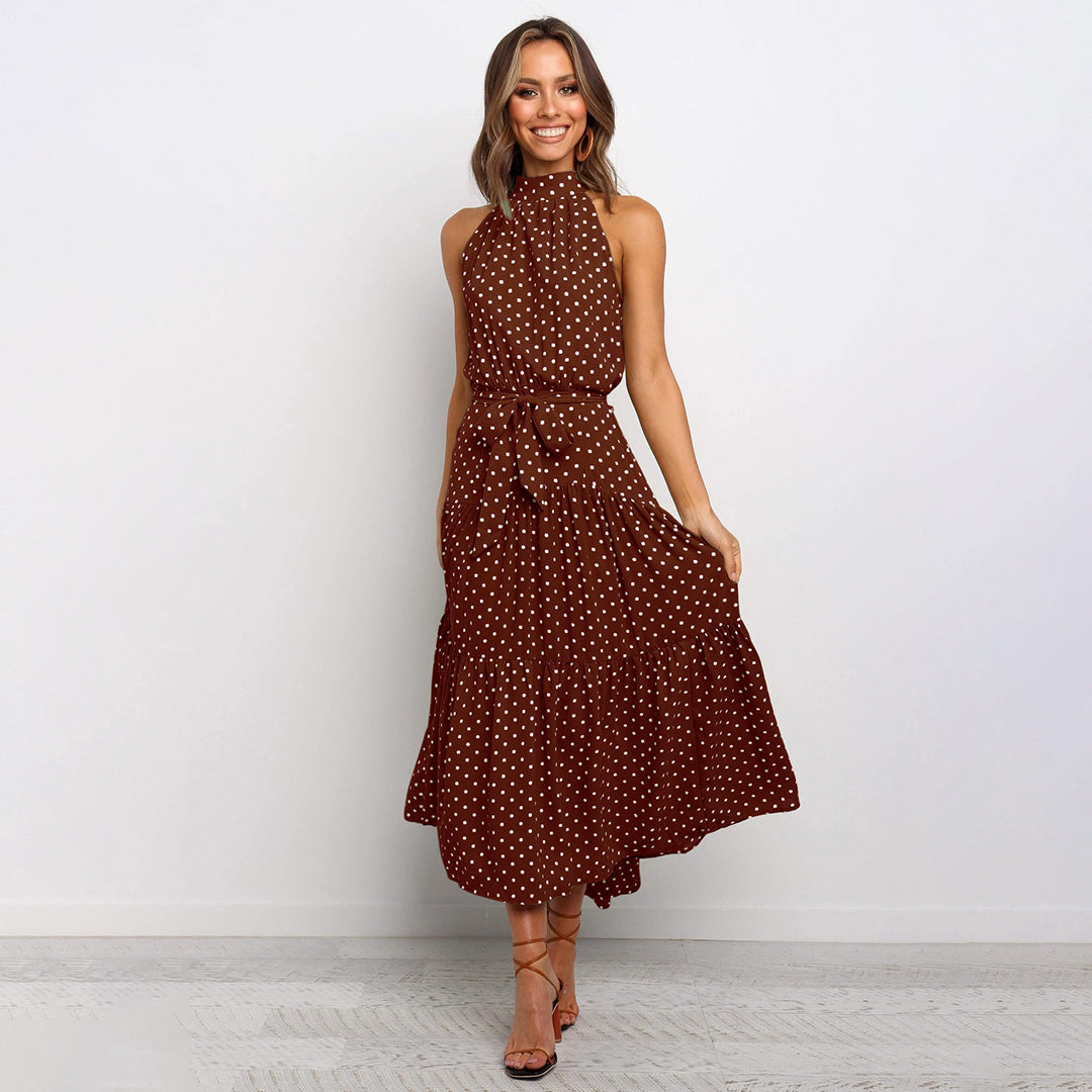 Dam Klänning - Halterneck Polka Dot - Figursydd Midja - Flödande Midi Modell