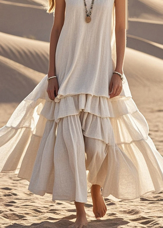 Damklänning Maxi – Ärmös Lös Passform – Djup Ringning – Naturliga Fibrer – Volangkjol