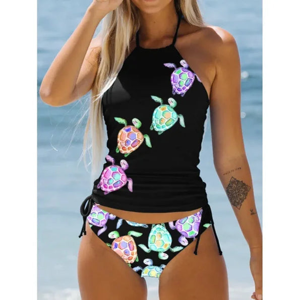 Dam Tankini Set – Smickrande Halterneck – Tropiskt Tryck – Justerbara Sidoknyt