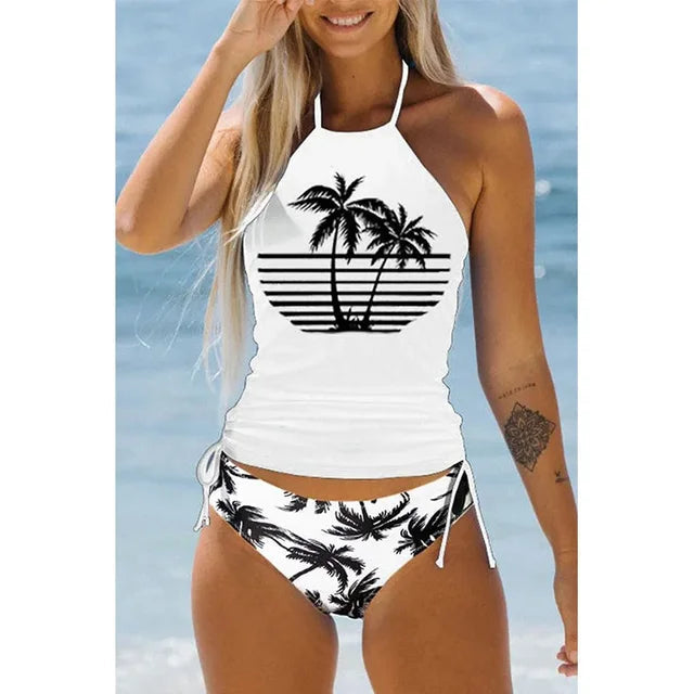 Dam Tankini Set – Smickrande Halterneck – Tropiskt Tryck – Justerbara Sidoknyt