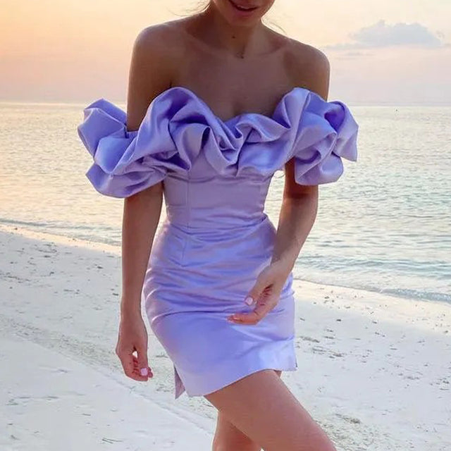 Dam Klänning - Off Shoulder - Figurnära - Volangdetaljer - Elegant Festklänning