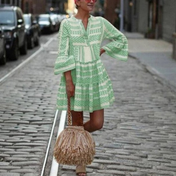 Damklänning – A-linjeformad Passform – V-ringning – Fladderärm – Bohemisk Stil