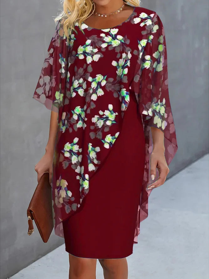 Dam Midiklänning – Avslappnad Passform – Blommigt Mönster – Asymmetrisk Layering – Luftig