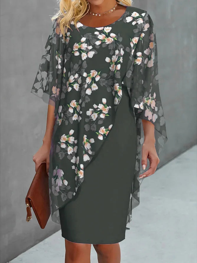 Dam Midiklänning – Avslappnad Passform – Blommigt Mönster – Asymmetrisk Layering – Luftig