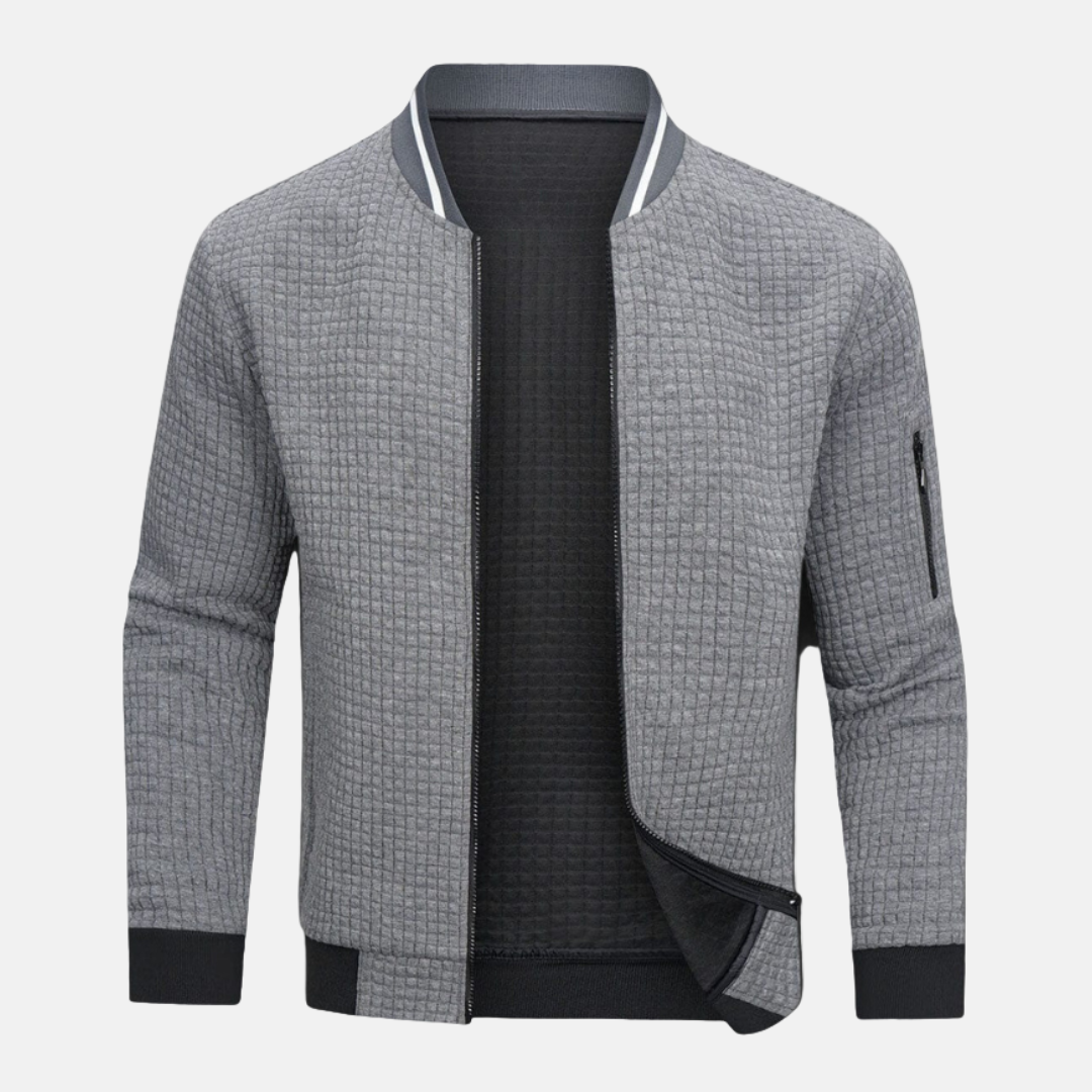 Herr Bomberjacka - Stickat Tyg - Slim Fit - Ribbad Krage, Manschett Och Kant