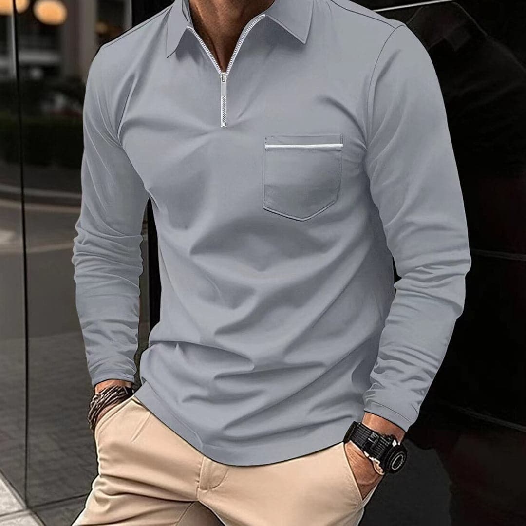 Herr Pikétröja – Långärmad – Halvdragkedja – Slim Fit – Bröstficka