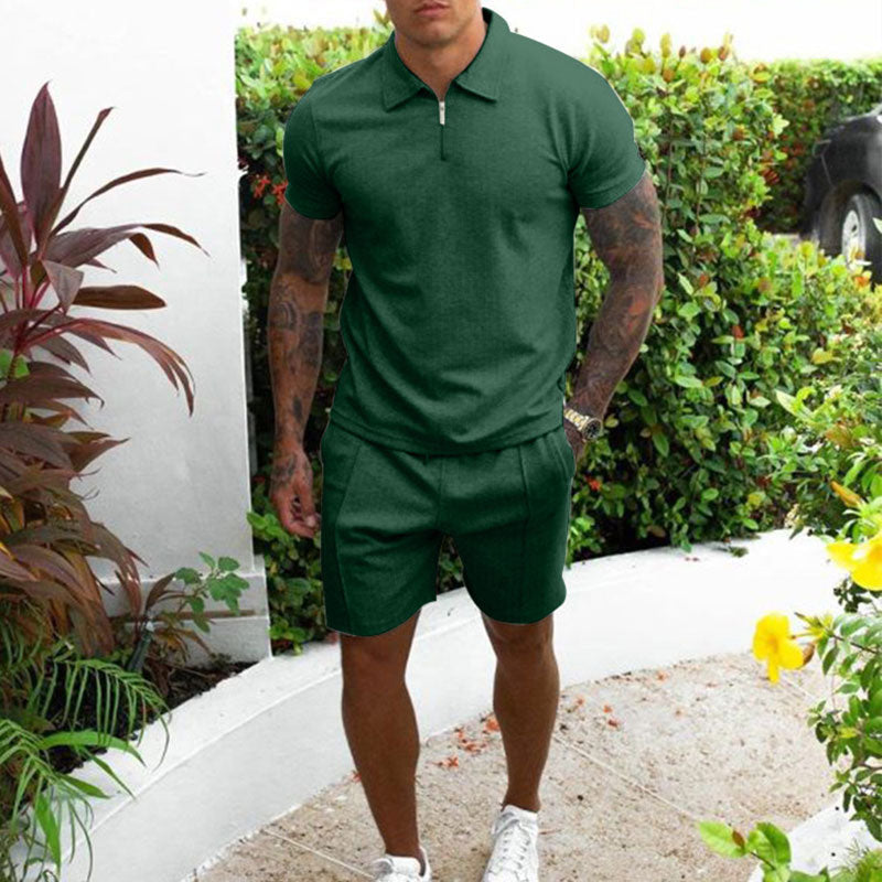 Herrset med pikétröja och shorts – Regular fit – Andningsbart tyg – Dragkedjekrage