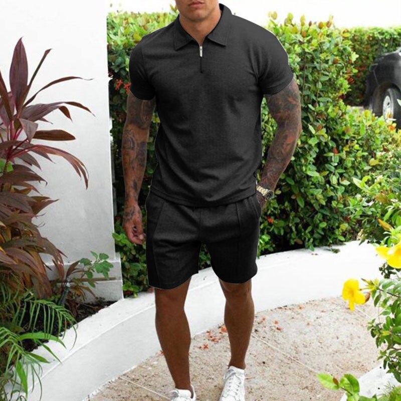 Herrset med pikétröja och shorts – Regular fit – Andningsbart tyg – Dragkedjekrage