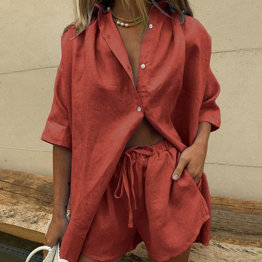 Damtvådelat Set – Oversize Skjorta & Högmidjade Shorts – Luftigt Linne – Avslappnad Passform