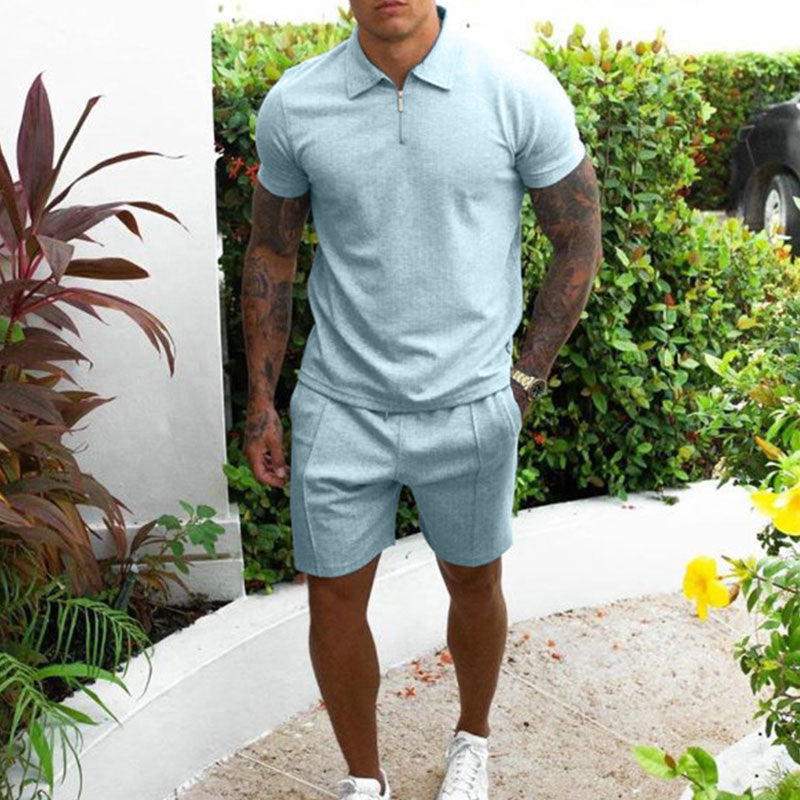 Herrset med pikétröja och shorts – Regular fit – Andningsbart tyg – Dragkedjekrage