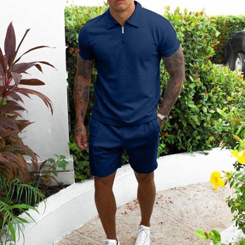 Herrset med pikétröja och shorts – Regular fit – Andningsbart tyg – Dragkedjekrage