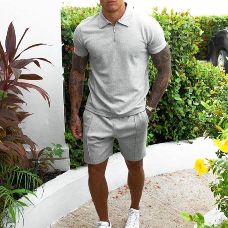 Herrset med pikétröja och shorts – Regular fit – Andningsbart tyg – Dragkedjekrage