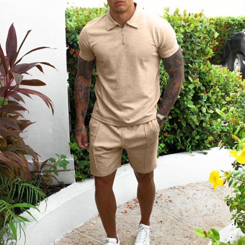 Herrset med pikétröja och shorts – Regular fit – Andningsbart tyg – Dragkedjekrage