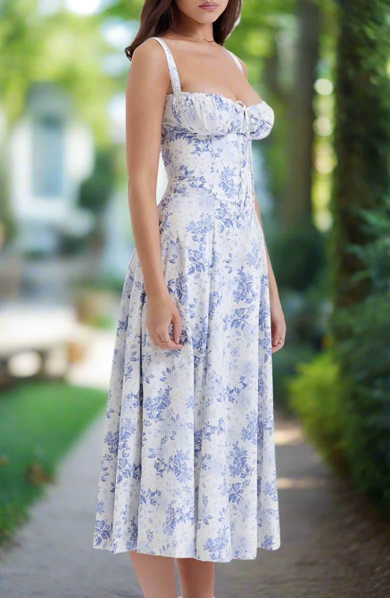 Klänning för dam - Vintage Stil - Midi Längd - Blommigt Mönster - Figurnära Liv & A-linje