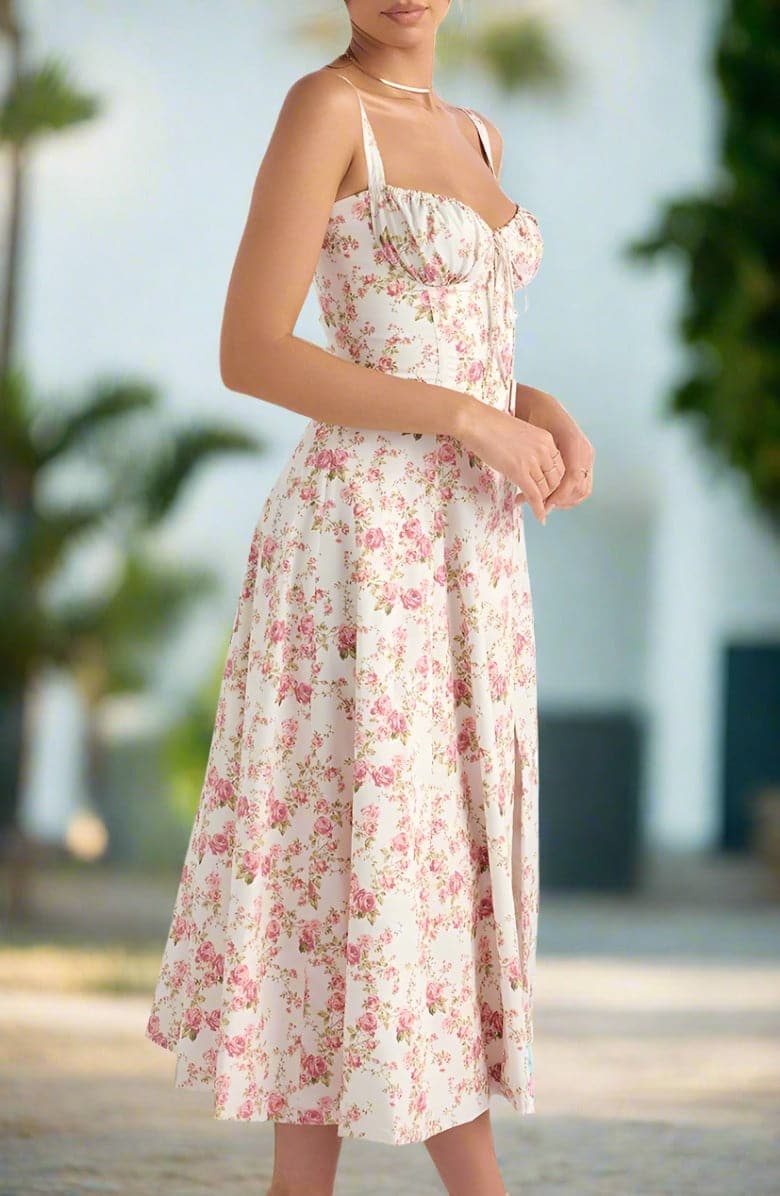 Klänning för dam - Vintage Stil - Midi Längd - Blommigt Mönster - Figurnära Liv & A-linje