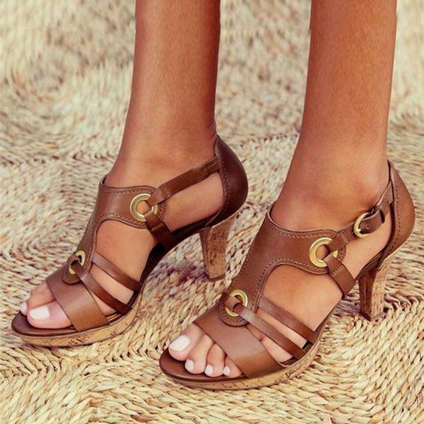Dam Sandaler med Klack - Läderremmar - Justerbar Spänne - Elegant Strappy Design