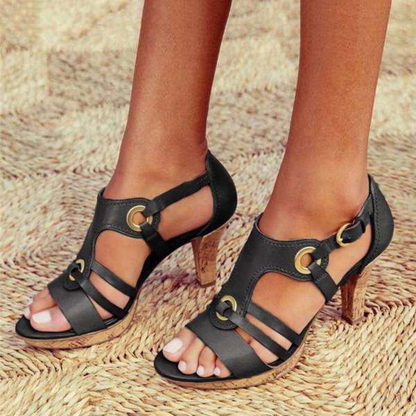 Dam Sandaler med Klack - Läderremmar - Justerbar Spänne - Elegant Strappy Design