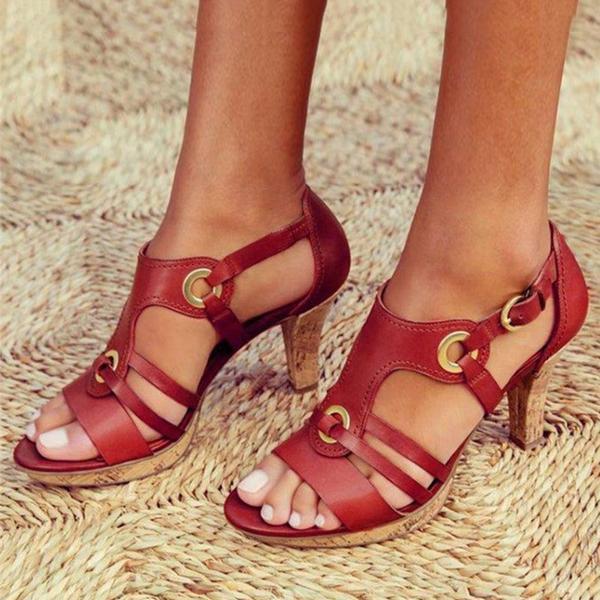 Dam Sandaler med Klack - Läderremmar - Justerbar Spänne - Elegant Strappy Design