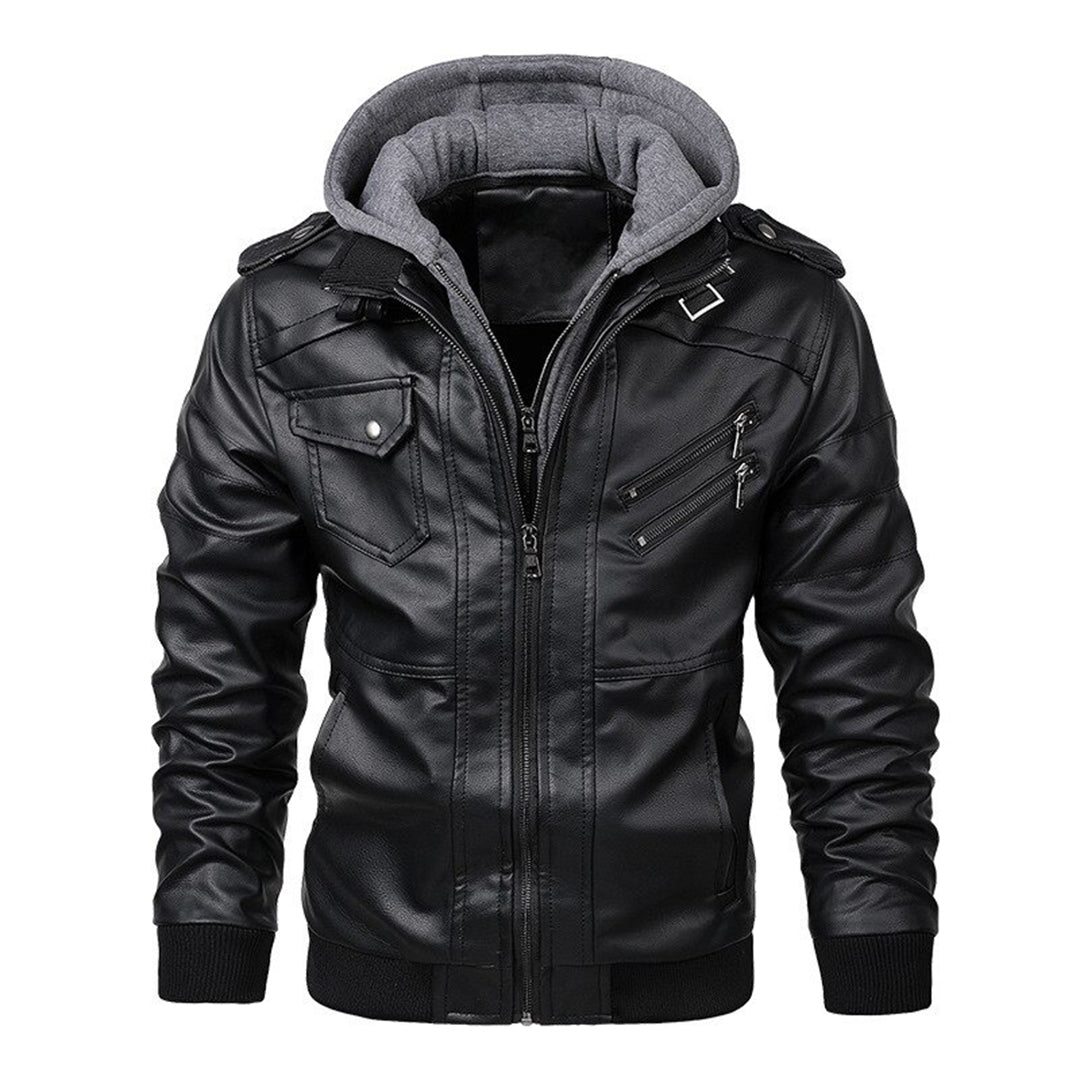 Herrjacka – Slim fit – Läder – Huva – Dragkedjefickor – Epåletter – Ribbad kant