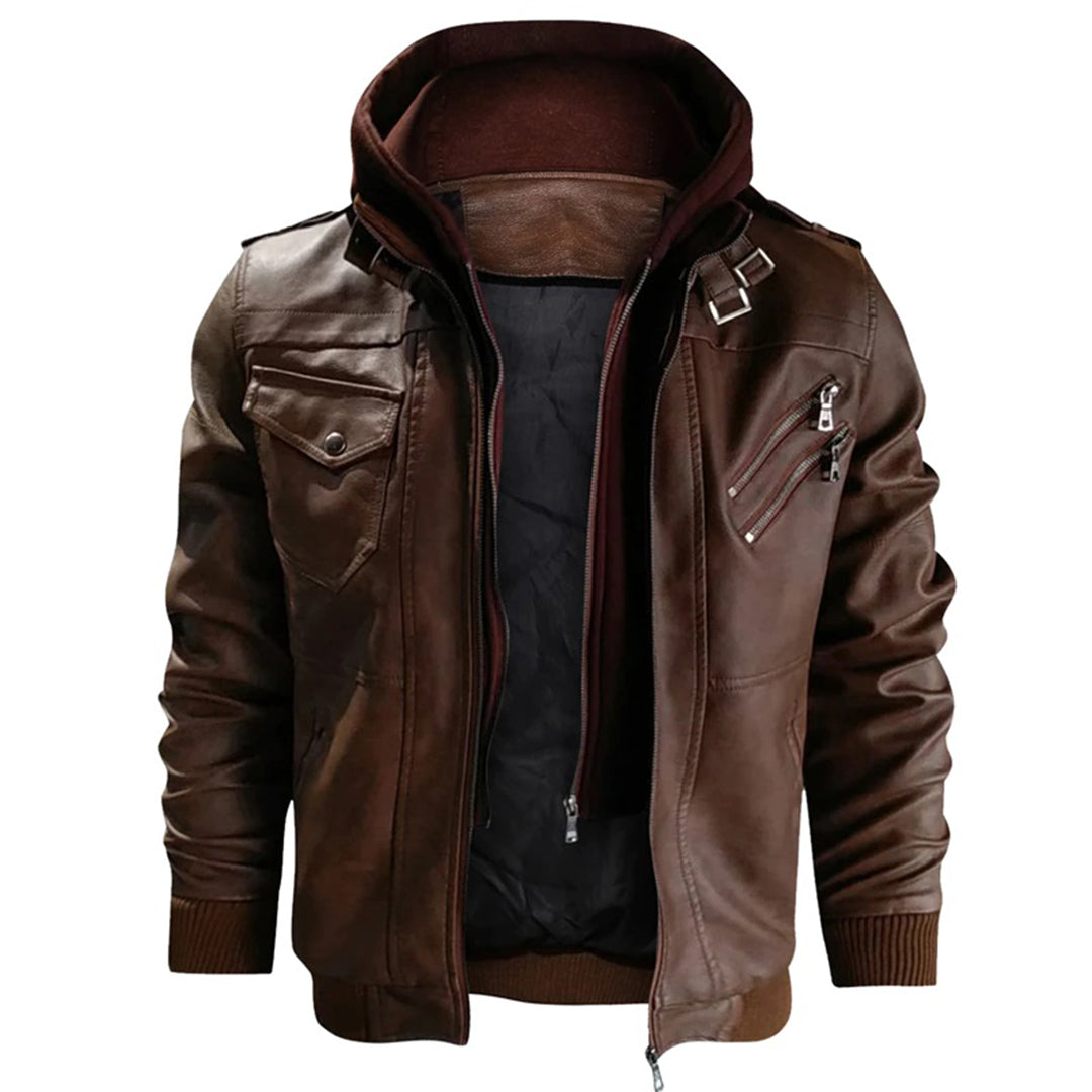 Herrjacka – Slim fit – Läder – Huva – Dragkedjefickor – Epåletter – Ribbad kant