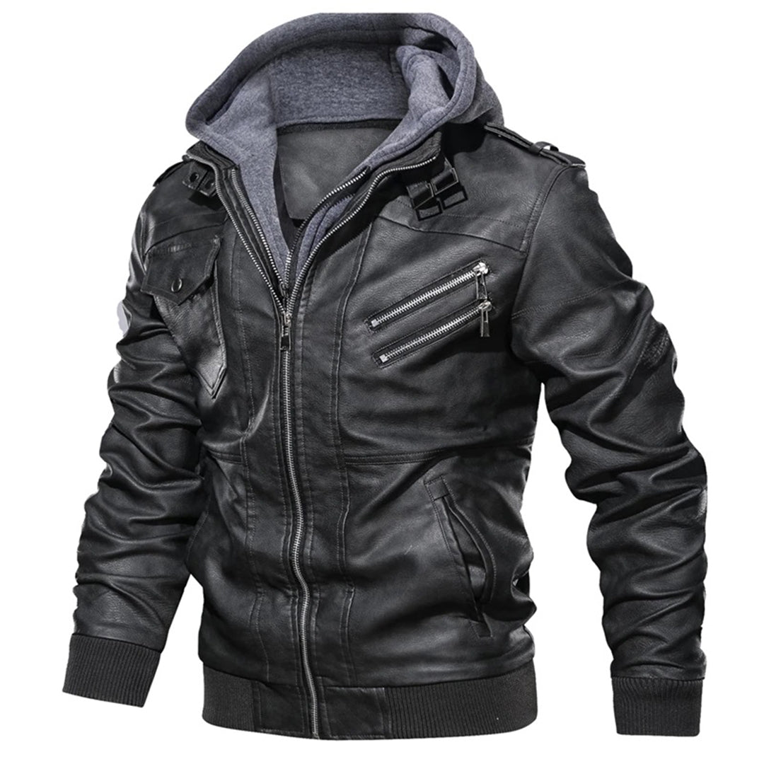Herrjacka – Slim fit – Läder – Huva – Dragkedjefickor – Epåletter – Ribbad kant