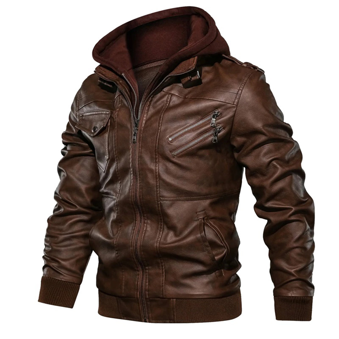 Herrjacka – Slim fit – Läder – Huva – Dragkedjefickor – Epåletter – Ribbad kant
